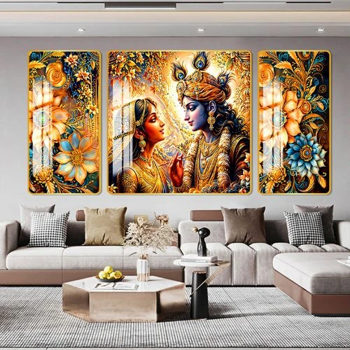 WALLMAX Set of 3 Premium Radha Krishna Crystal Wall Painting Home Decorative Gift Item Resin Painting 16 inch x 32 inch Painting