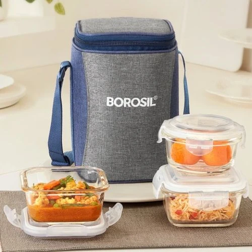 BOROSIL Alora Borosilicate Glass Lunchbox, 3pc Set (320ml x 2 + 240ml x 1) Office Tiffin 3 Containers Glass Office Lunch Box